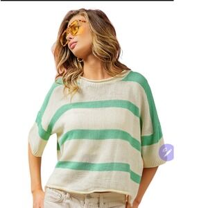 Staccato Striped Knit Sweater Rolman Sleeve Lightweight Green white Stripe Large